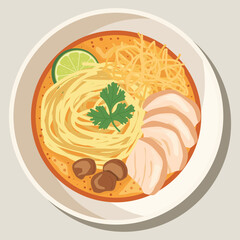 vector flat color of Thai food bowl of Khao Soi Thai curry noodle soup with egg noodles sliced chicken, lime, coriander, and crispy fried noodles.