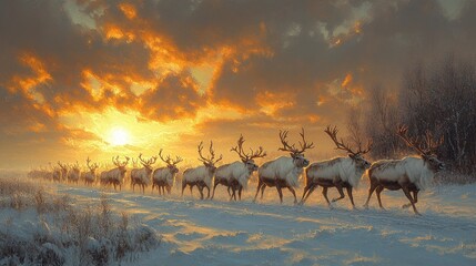 Herd of Reindeer Crossing Frozen Plain at Dramatic Sunset