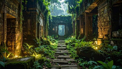 Ancient stone temple ruins overgrown with lush green jungle foliage and moss, with a mysterious path leading to a distant doorway.