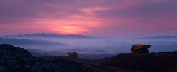 Dump trucks operate on a misty landfill at sunrise near the distant forest.
