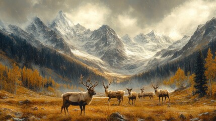 Herd of Reindeer Moving Through Majestic Mountain Valley Landscape
