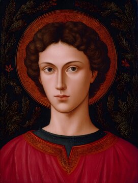 The martyr saint justin with a solemn gaze and a detailed ornate background