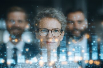 A confident woman stands in front of her colleagues in a modern office. The background features digital data visualizations, suggesting a focus on analytics and teamwork in a business setting.