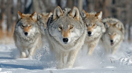 Fototapeta premium Wolves run towards viewer in snowy field with blurred trees behind them, creating a dynamic scene