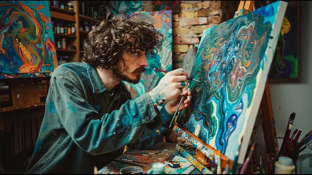 Focused young male painter crafting detailed fluid art on stretched canvas amid colorful studio supplies