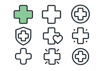 Obraz premium Medical cross health icon set. Medicine and pharmacy signs. First aid emergency symbol. Healthcare vector graphics. Hospital, clinic logo. Doctor care plus pictogram collection.