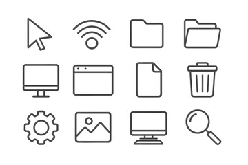 Pack of computer desktop related line icons with editable stroke for design, websites, apps, cards; includes cursor, Wi-Fi, folders, web pages, gear, image, monitor, document, delete, search icons