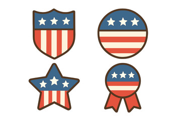 Military veteran badge icons set with American flag stars and stripes, patriotic shield, star-shaped emblem, and ribbon illustration, flat style vector for Veterans Day and patriotism design