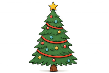 Obraz premium Christmas tree illustration with star topper, festive ornaments, and red ribbon for holiday season celebration