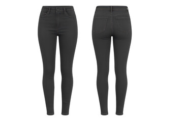 Dark gray women's skinny jeans, front and back views, isolated on black.