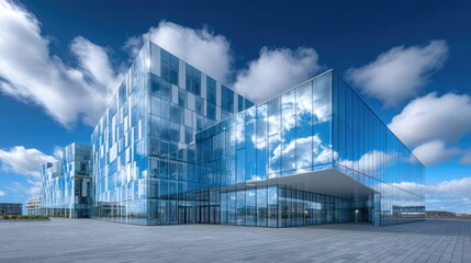 Obraz premium Modern Glass Building Reflecting Cloudy Sky and Sunlight with Architectural Precision Under Bright Lighting and Minimalist Grey Pavement Outside