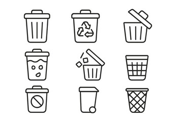 Trash can simple isolated line icon collection, editable stroke vector set for websites, apps, cards, books, minimalistic cartoon illustration with transparent background