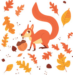 Cute squirrel holds acorn in autumn harvest vector illustration