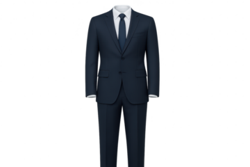 Elegant navy blue business suit, white shirt, dark tie, isolated on black.