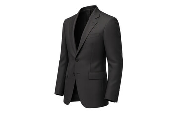 Sleek dark grey men's suit jacket, 3D rendered, isolated on black.