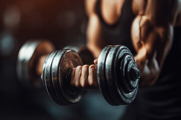 Realistic Close-Up of Muscular Arms Lifting Dumbbell in Gym