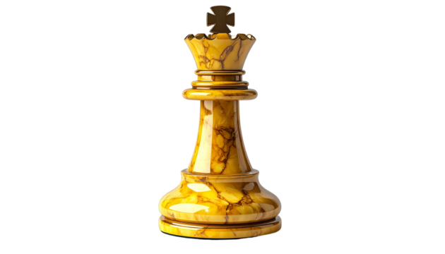 Elegant yellow marble chess queen with polished gold elements, representing strategy, power, and victory in a classic board game isolated on solid white background Png format
