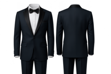 Stylish Men's Navy Blue Tuxedo with Black Bow Tie, Front and Back View for Formal Attire