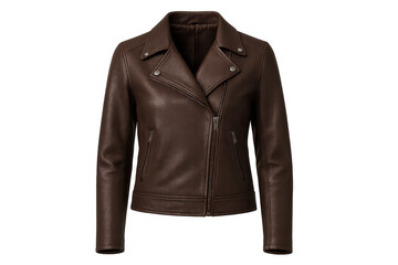 Elegant brown leather moto jacket with asymmetrical zipper and metallic details.