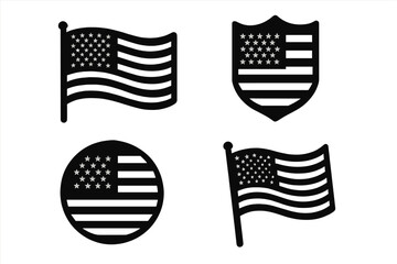 American flag symbol icon set. USA national emblem silhouette collection. Vector graphic of patriotic American flags in different shapes like shield, circle and waving banner.