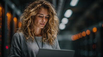 Big Data Center Female Chief Technology Officer Using Laptop Standing In Warehouse, Activates Servers. Generative Ai