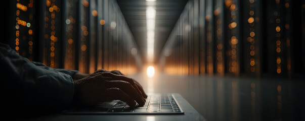Man hands typing in laptop, data center cloud storage with computers in hall