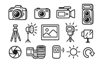 Photography doodle icons set with vector cartoon cameras, tripods, lights, film rolls, photo frame, and camera accessories in transparent background, artistic illustration