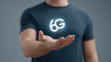 Person displaying a glowing 6G symbol in an open hand, showcasing advanced technology and future connectivity in a modern, minimalistic environment