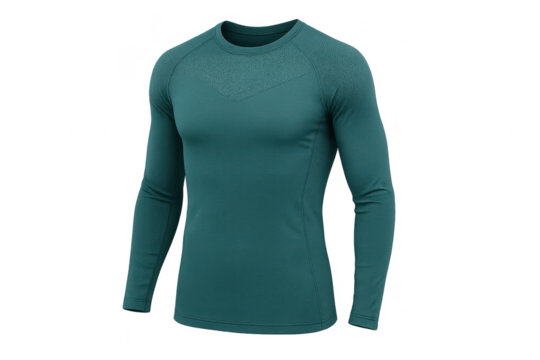 High-performance teal long-sleeve athletic shirt with textured detail.