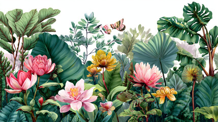 Fototapeta premium Watercolor Botanical Illustration of Lush Jungle Flowers and Greenery