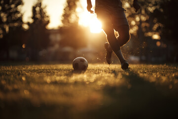 Soccer Player Mid-Kick on Grassy Field with Backlit Action