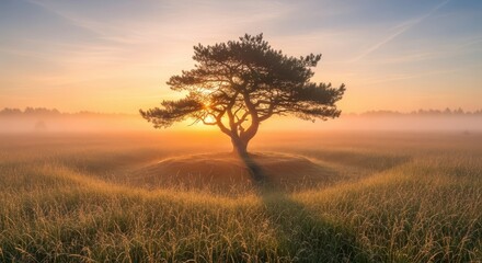 Fototapeta premium Solitary Tree Bathed in Golden Sunrise Light