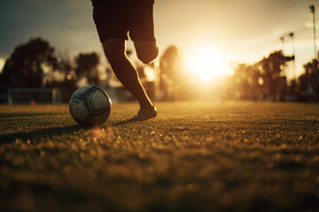 Soccer Player Mid-Kick on Grassy Field with Backlit Action