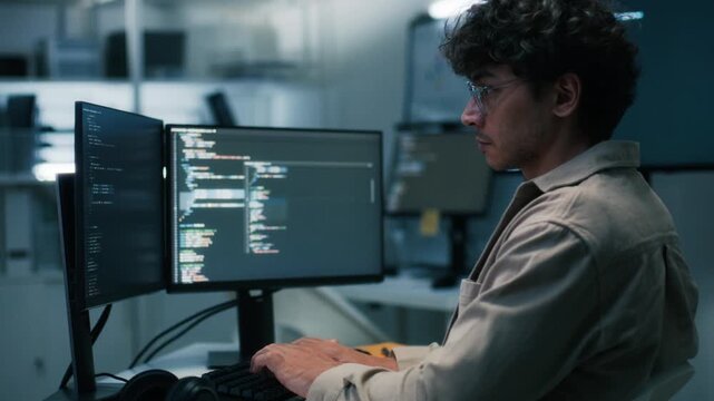 Focused Male Programmer, Software Developer working on Desktop Computer, looking at Screen sits at office workplace. Professional IT Programmer Developing Application, Program Writing code at Office.