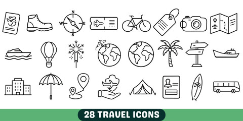 Simple outline icons for travel and tourism including transportation destinations and activities for vacations