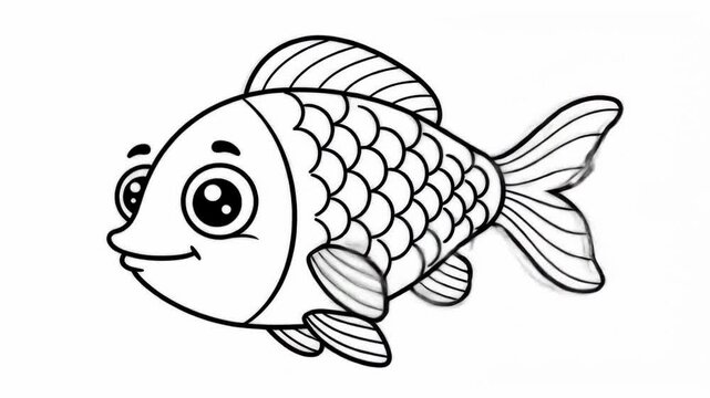 Cartoon-style illustration of a cheerful fish swimming in a simple background, ideal for coloring