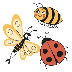 Fototapeta premium Cute cartoon bee butterfly and ladybug characters with happy expressions on a white background