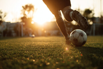 Soccer Player Mid-Kick on Grassy Field with Backlit Action