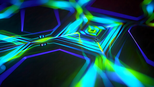 Abstract glowing neon circuit board pathways with futuristic light trails technology isolated on a transparent background