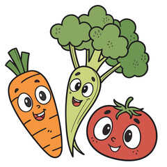 Three happy cartoon vegetables including a carrot broccoli and tomato smiling together on a white background