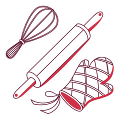 Whimsical illustration of baking tools including a whisk rolling pin and oven mitt with a red outline on white background