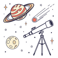 Whimsical hand drawn illustration of a telescope observing planets stars and a comet in outer space
