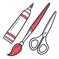 Creative art supplies including a paint tube brush and scissors in a simple doodle style
