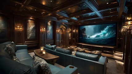Fototapeta premium State-of-the-art private home theater with a massive screen. Plush teal leather recliners sit in a dark paneled room with cinematic accent lighting.