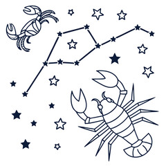 Stylized outline drawing of the zodiac constellation cancer with two crabs and scattered stars on a white background