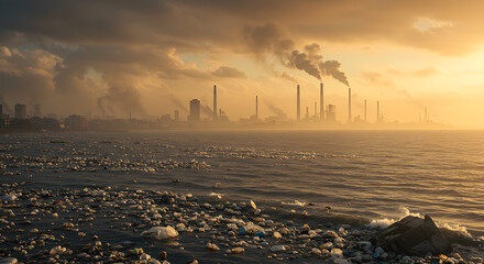 Dramatic view of heavy industry causing air and water pollution, a symbol of climate change and environmental damage