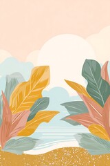 Fototapeta premium A serene beach scene with vibrant tropical foliage against a soft pastel sky.