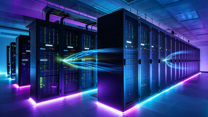 Server Room with Racks of Computers and Glowing Blue and Purple Lights data center isolated on a transparent background