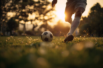 Soccer Player Mid-Kick on Grassy Field with Backlit Action