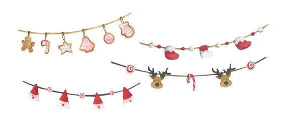 Watercolor Christmas garland ornament border decoration bunting holiday party festive merry xmas greeting card.